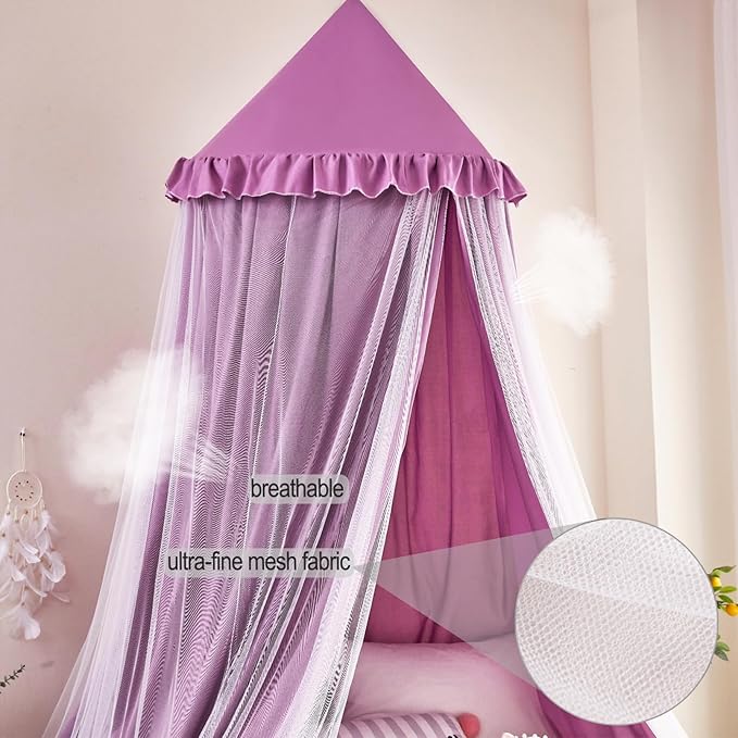 Kertnic 31.5inch Large Dome Bed Canopy for Girls, Double Layer Dreamy Ruffle Princess Canopy, Bedroom Hanging Tent Kids Reading Nook Canopies,Full Queen Bed Canopy Curtain (Dark Magenta-Purple)