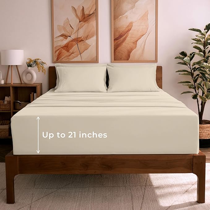 Mellanni Queen Sheet Set - 6-Piece Iconic Collection Bedding, (Including 4 Pillowcases), 21-Inch Extra Deep Pocket, Easy Care, Ultra Soft, Cooling Sheets, Brushed Microfiber - Beige