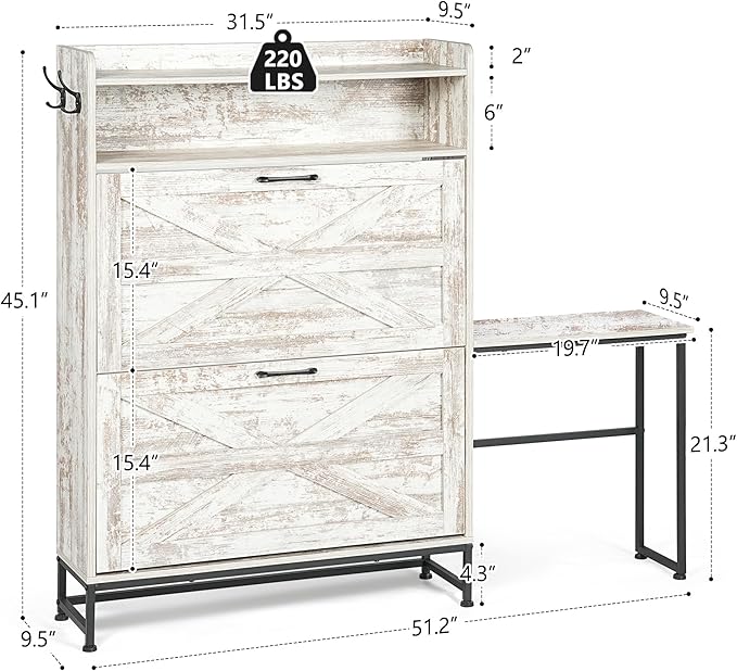 Vibe & Dine Shoe Cabinet with 2 Flip Drawers and Shoe Bench, Farmhouse Shoe Storage Cabinet for Entryway, Freestanding Slim Shoe Organizer Cabinet, Narrow Shoe Rack Cabinet with Metal Legs, White