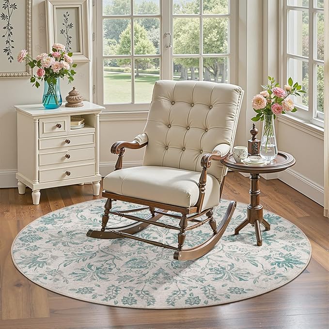 jinchan Torino Classic Floral Round Rug 4ft Vintage-Inspired Design 4’Circle Rug, Machine Washable Ultra-Thin Low-Pile Non-Slip Indoor Carpet for Bedroom Dining Room Living Room Entryway