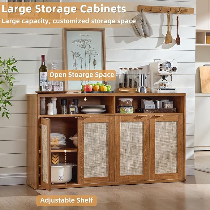 LEYAOYAO Rattan Sideboard Buffet Cabinet,45" Coffee Bar Cabinet with 3 Doors & Open Storage Shelf,Modern Credenza Console Table for Living Room Rattan Farmhouse entryway Brown