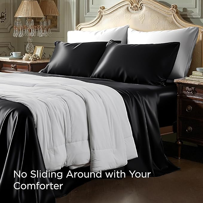 Bedsure Black Satin Sheets King Size - 4 Piece Silky Bedsheets with 15 Inches Deep Pocket Fitted Bedsheet,1 Flat Sheet, 2 Satin Pillowcases, Good for Hair & Skin (King, Black)