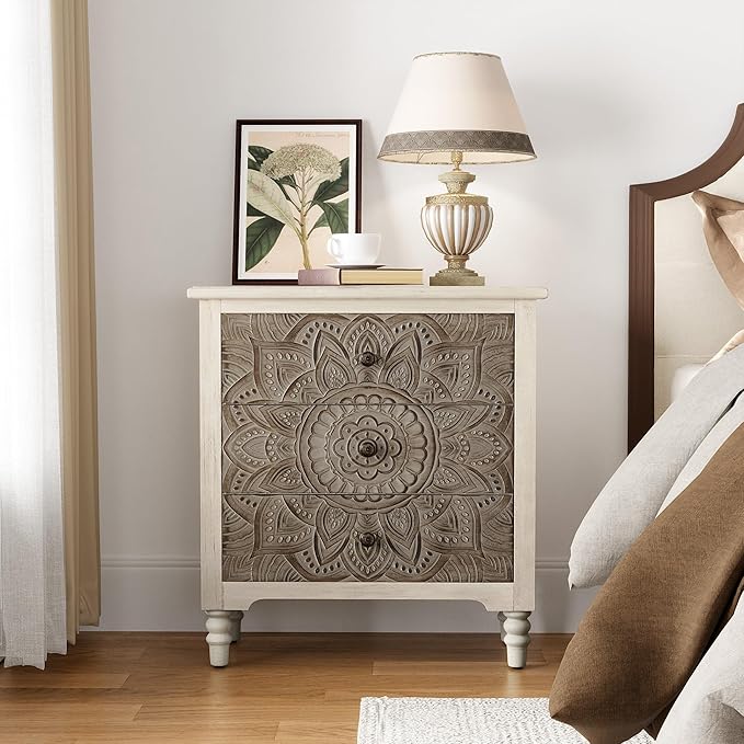 COSIEST 3 Drawers Nightstand Set of 2, Accent Dresser, 29'' Tall Wood Vintage Small Accent Chest, Bedside Table,Bedroom Furniture for Home, Entryway (Lotus Pattern)