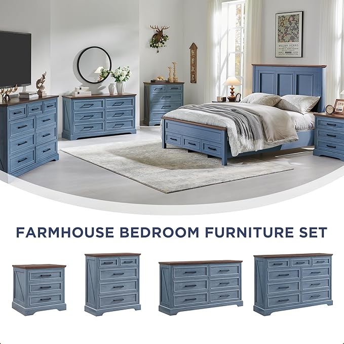 ACCOHOHO Farmhouse Nightstand with Charging Station, 22 Inch Wide End Table with 3 Large Drawers & Bar Handles, Rustic Wood Small Dresser Chest of Drawers for Bedroom, Living Room, Closet, Blue
