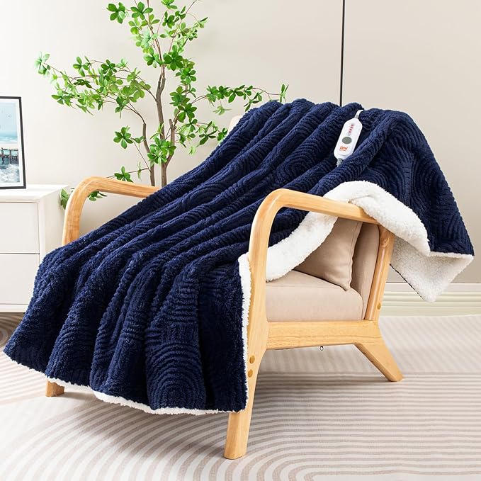 Heated Throw Blanket Electric - 50"x60" Cozy Soft Jacquard Heating Blanket with 4 Heat Levels 4 Hours Auto-Off, Electric Throw with Overheating Protection, Warm Gifts, Navy