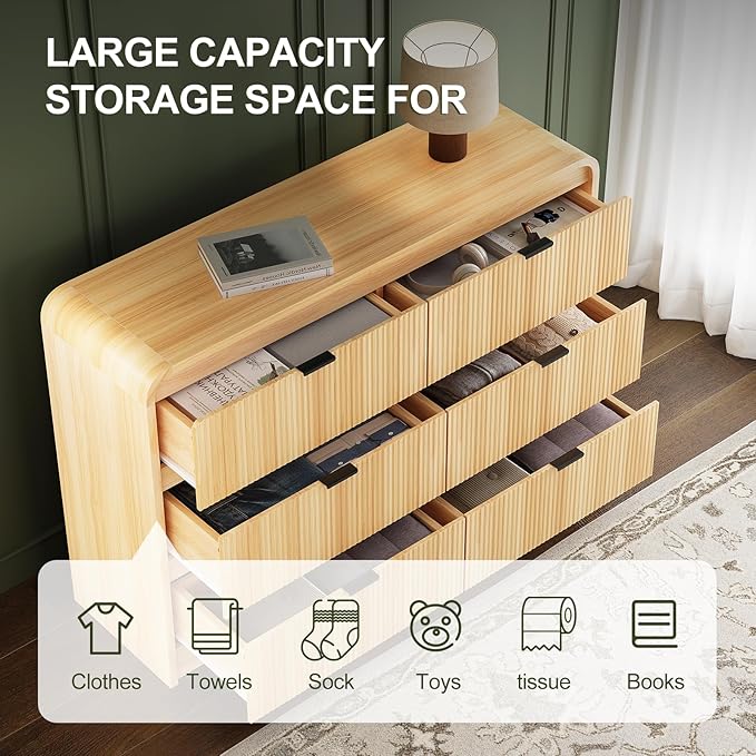 FURSUN Fluted 6 Drawers Dresser for Bedroom, 54" Wide Wooden Dresser with Metal Handle, Curved Profile Design, Modern Storage Organizer for Bedroom, Living Room, Hallway, Natural Oak