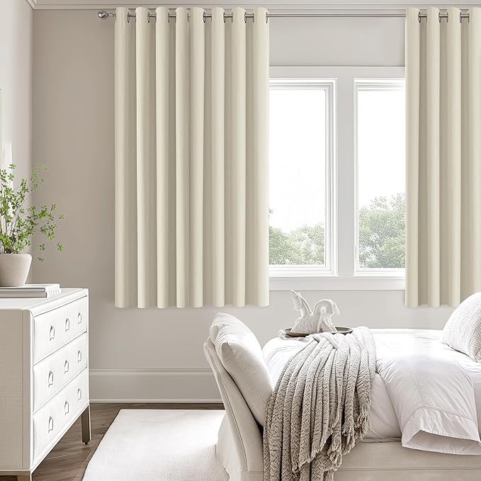 ChrisDowa 100% Blackout Birch Solid Curtains 63 Inches Long 2 Panels for Bedroom Living Room,Farmhouse Room Darkening Thermal Insulated Soundproof Grommet Top Window Treatment Drapes,52x63