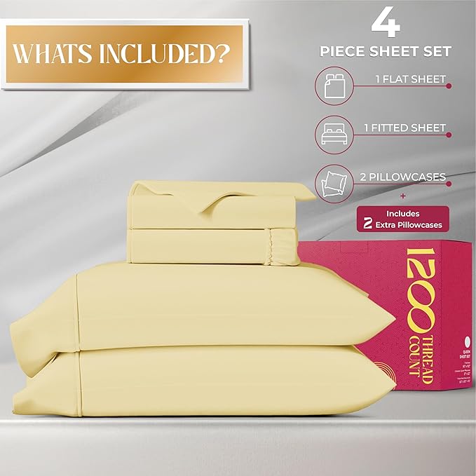 Mayfair Linen 100% Egyptian Cotton Sheets California King Size - 1200 Thread Count 4 PC Cal King Sheet Egyptian Cotton, Soft, Cooling Sateen Sheets, High Thread Count Sheet California King - Beige