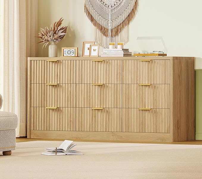 TEENFON Fluted Dresser for Bedroom with 9 Drawers, 63" Wide Modern Chest of Drawers with Metal Handle & Curved Profile Design, Wood Closet Clothes Storage Organizer for Living Room, Hallway, Natural