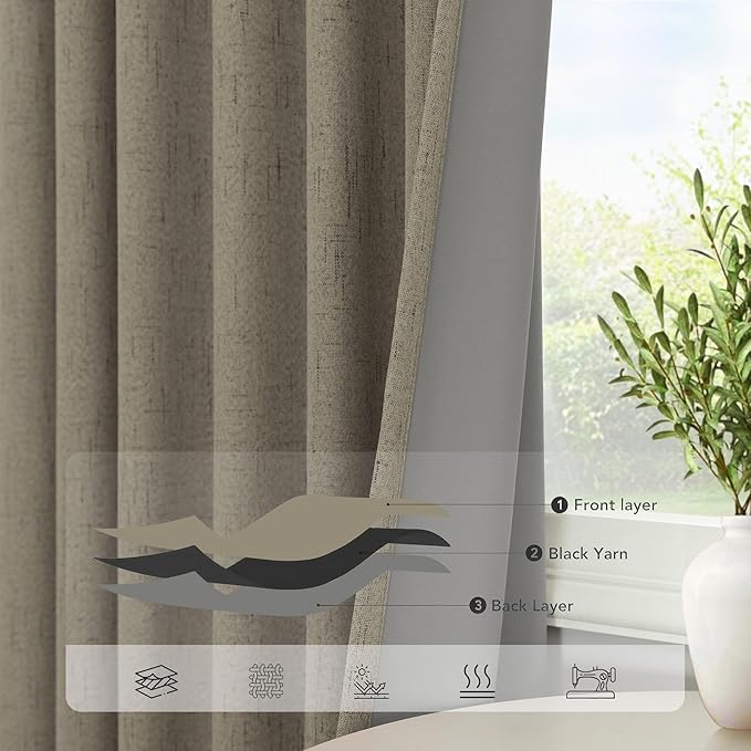 Pitalk Taupe Blackout Curtains 84 Inches Long for Bedroom 2 Panel Burg Linen Textured Room Darkening Drapes Thermal Insulated Dark Brown Curtains for Living Room Window Modern Farmhouse 84 Inch Length