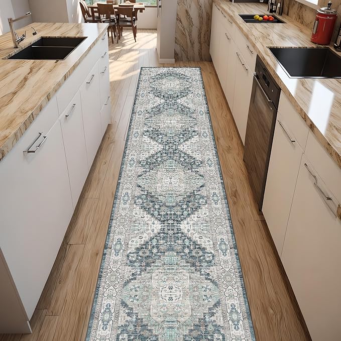 Washable Runner Hallway Rug,Low Pile 2x10 Non Slip Non-Shedding Kitchen Carpet Soft Indoor Stain Resistant Rug for Bedroom Laundry Room Bathroom Blue Beige Multi