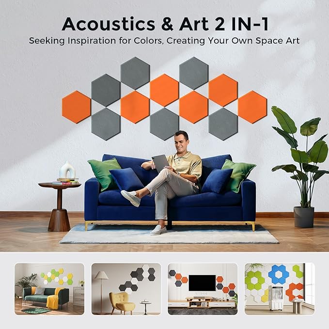 Self-Adhesive Acoustic Panels [390 lbs/yd³ Ultra-High Density], 2nd Generation Sound Absorbing Panel, Professional Level Sound Panel, Polyester Soundproof Foam [Size M, Orange & Moon Grey]