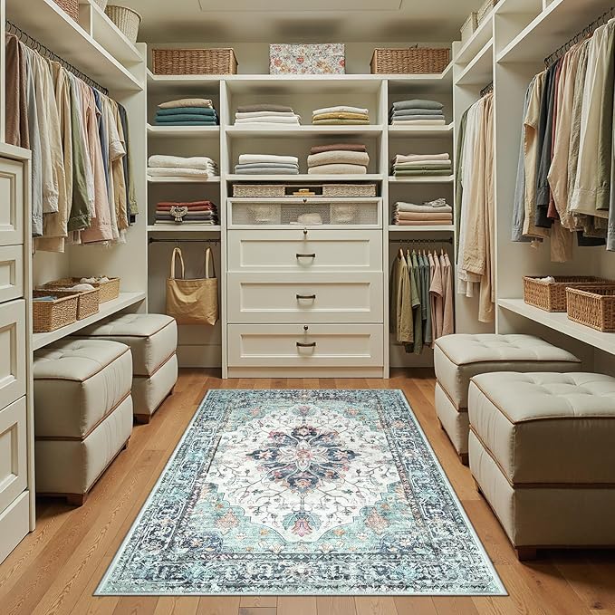 Area Rugs 3'x5' Washable Non-Slip, Floral Vintage Distress Print Pattern Medallion Carpet for Living Room Bedroom Dining Room, Green Navy Blue White Red Teal Colorful