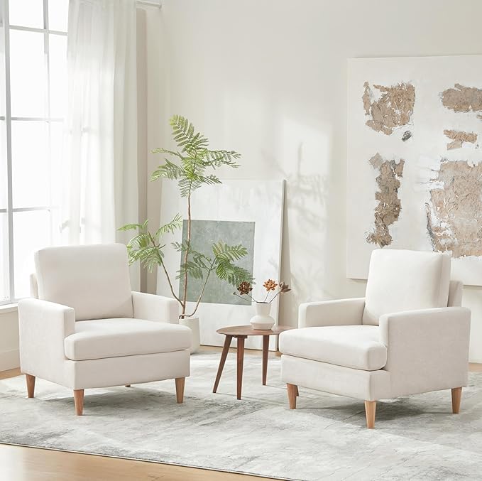 VKNOW Mid-Century Accent Chair, No Tools Assembly Required, Modern Upholstered Polyester Armchair for Living Room,Comfy Reading Accent Chairs with Wood Legs for Bedroom, Beige