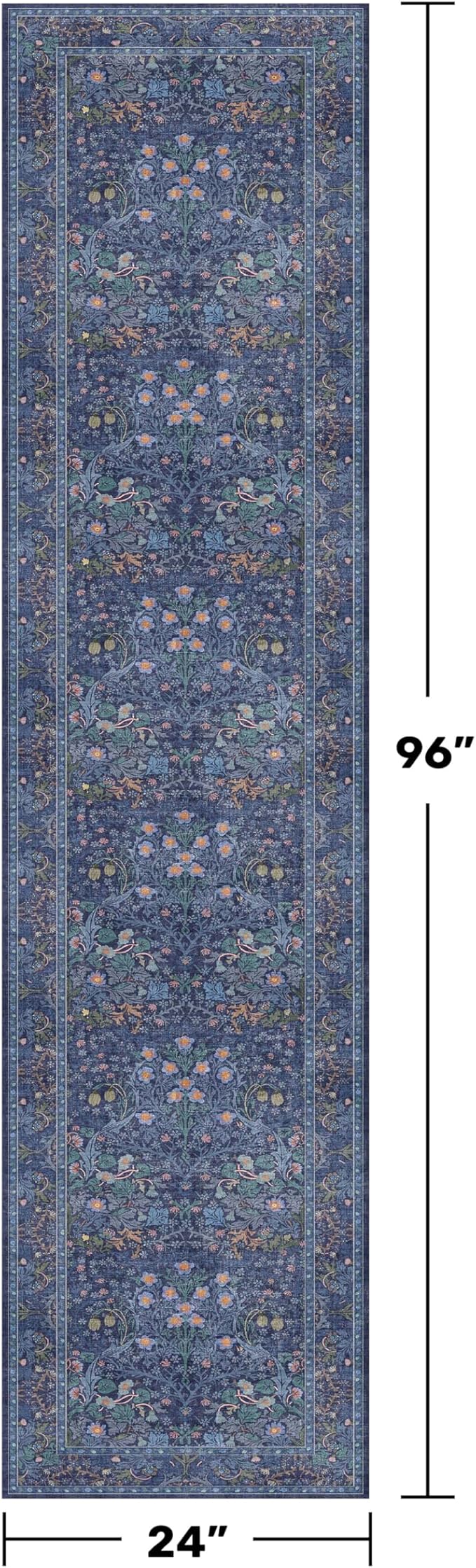 Dark Blue 2x8 Kitchen Rugs - Machine Washable Hallway Runner Non Slip, Floral Pattern Indoor Floor Mats for Entryway, Oriental Design Home Décor
