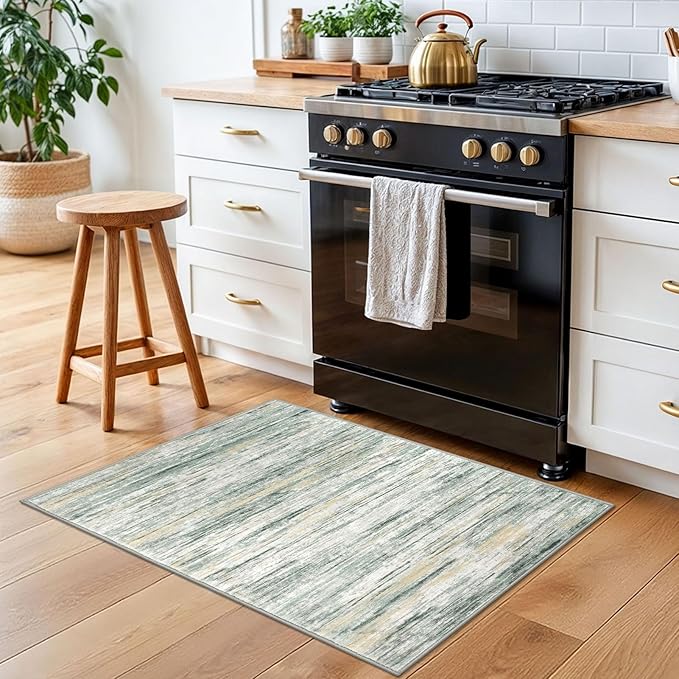 2x3 Modern Abstract Rug for Entryway, Green Yellow Super Soft Small Area Rug, Washable Non-Slip Kitchen Rugs, Low-Pile Mat for Bedside, Indoor Door Mat