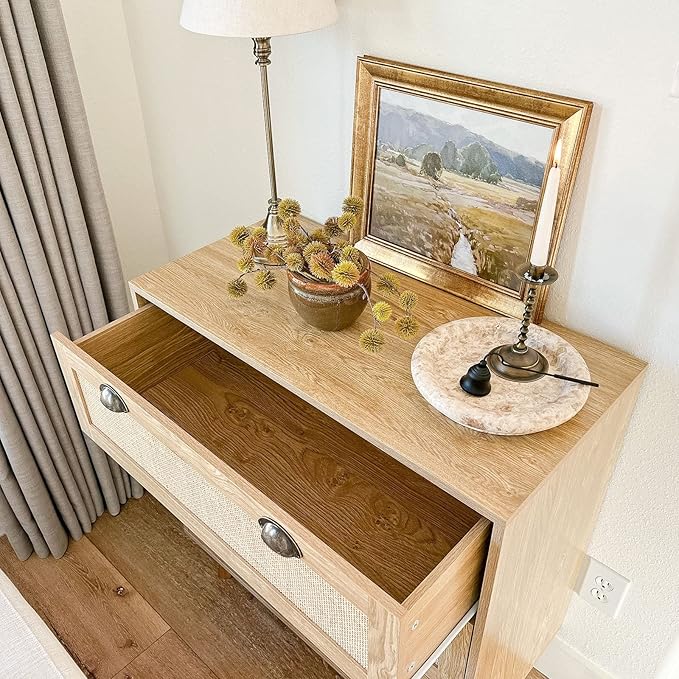 PHI VILLA Rattan Dresser - Nightstand with Drawer Boho Small Cabinet 3 Drawer Dresser, Bedside Table