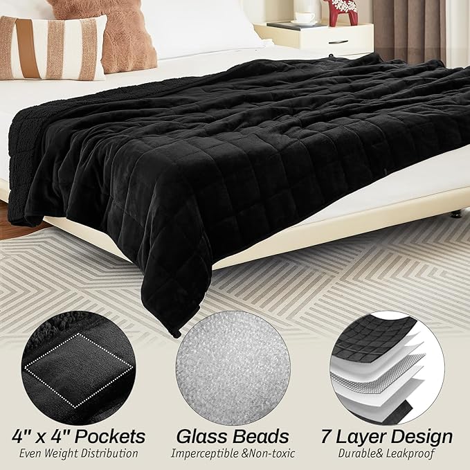 Sherpa Fleece Adult Weighted Blanket, 15 Pounds Dual Sided Soft Plush Blanket for Couch Bed Sofa, Heavy Thick Blankets with Glass Beads Great for Sleep, 48 x 72 inches, Black on Both Sides