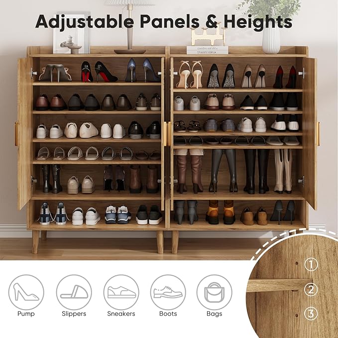 Smuxee Oak Shoe Cabinet with Line Groove Design, 6-Tier Shoe Storage Cabinet with Adjustable Shelves, Freestanding Shoe Organizer Cabinet for Entryway, Hallway, Closet, Living Room