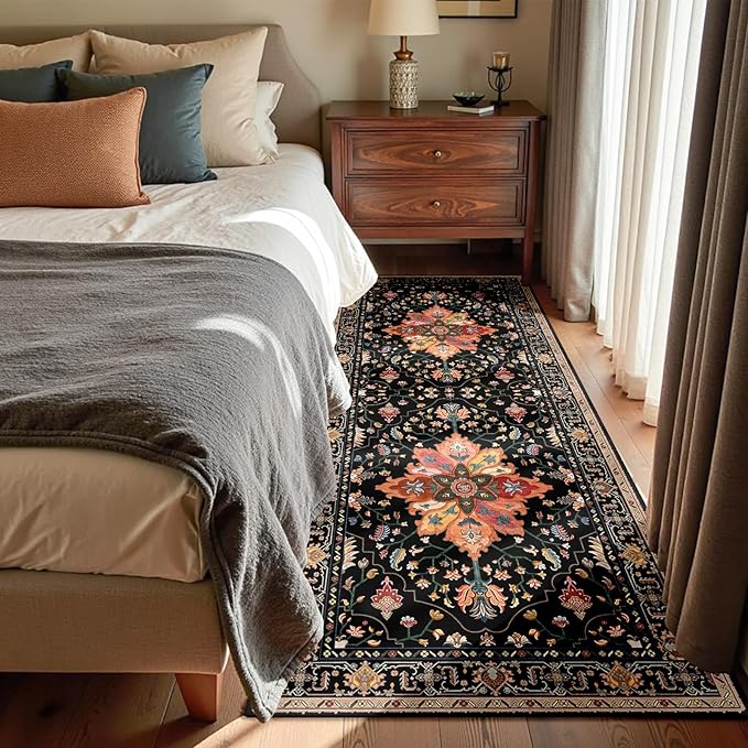 Area Rugs 3'x7' Washable Non-Slip, Floral Vintage Distress Print Pattern Medallion Carpet for Living Room Bedroom Dining Room, Black Colorful Floral Dark Tan