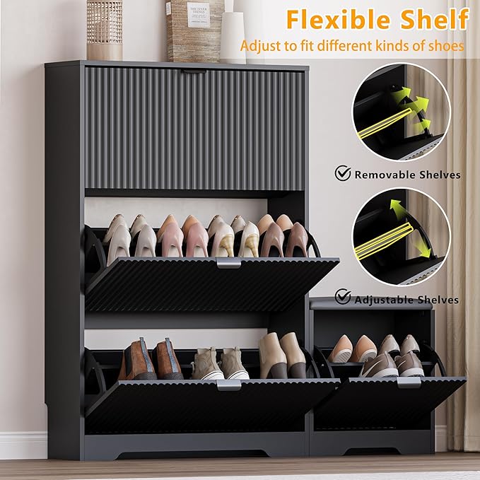 Slim Shoe Cabinet with Bench for Entryway, Hidden Storage and Adjustable Shelves, Free Standing Wooden Shoes Organizer for Hallway, Foyer