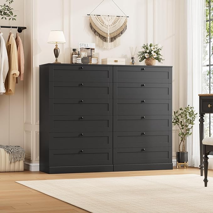 HOSTACK 6 Drawer Dresser for Bedroom, 52" Tall Dresser & Chest of Drawers, 29" W Wood Drawer Chest, Modern Vertical Storage Cabinet for Living Room, Entryway, Hallway, Black