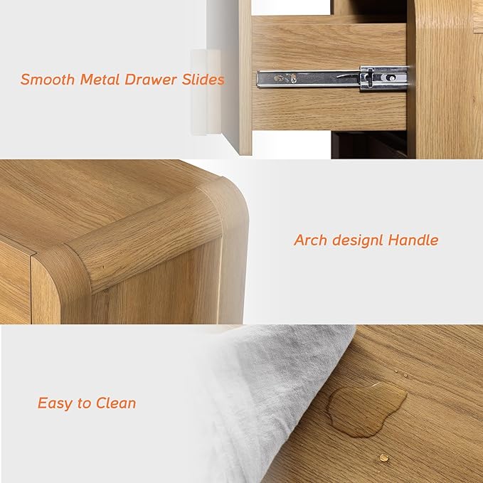 WAMPAT Modern 3-Drawer Nightstand Set of 2, 31.5" Tall Nightstand End Table w/Curved Profile Design,Wooden Dresser with Large Chest of Drawers,Bed Side Table for Bedroom,Living Room, Light Walnut
