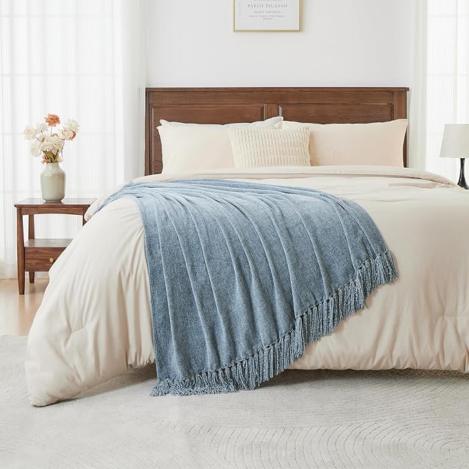 CozeCube Chenille Throw Blanket for Couch, Cozy Plush Fuzzy Decorative Dusty Blue Blanket with Fringe Tassels, Lightweight Throws for Bed Sofa Gift Home Decor, 60"X80"