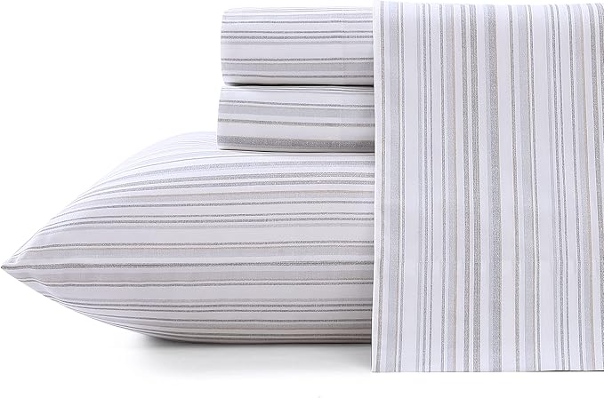 Tommy Bahama - Queen Sheets, Cotton Percale Bedding Set, Crisp & Cool, Stylish Bedding Set (Kahanu Stripe Grey, Queen)