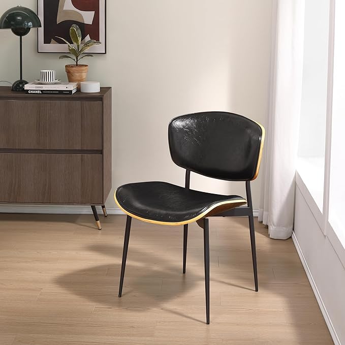 Art Leon Faux Leather Dining Chairs, Set of 2, Mid Century Modern Desk Chair No Wheels, Armless Accent Chair with Black Metal Legs, Black/Walnut