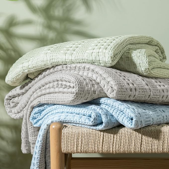 PHF Cooling Waffle Blanket Queen Size,Lightweight 60% Rayon Derived from Bamboo & 40% Cotton Breathable Blanket for Hot Sleepers, Soft and Luxury for Bed Couch and Sofa, 90"x90",Sky Blue