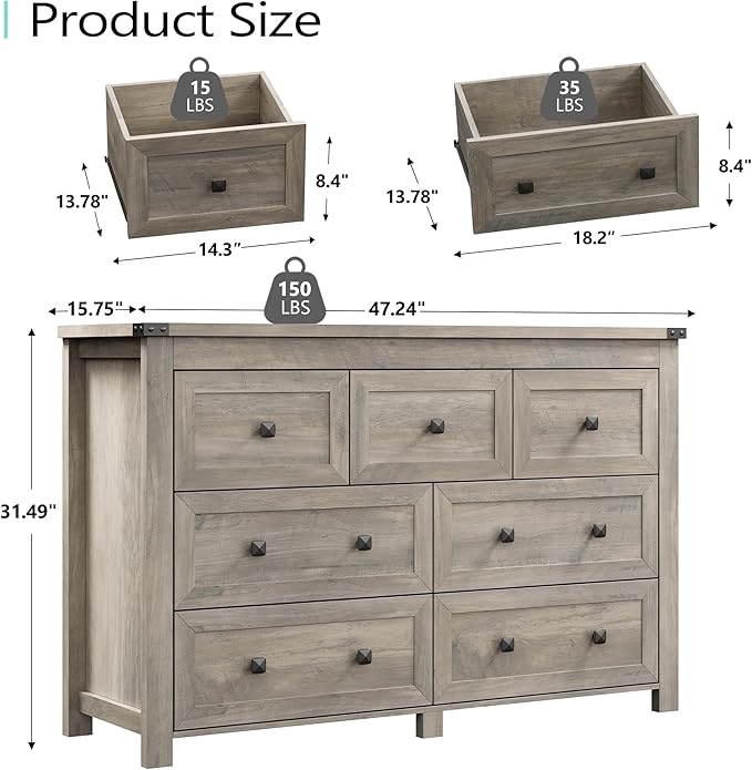 Dresser for Bedroom with 7 Drawers, Farmhouse Wood Chest of Drawers, Wide TV Stand Closet Storage Furniture with Metal Handle, Modern Clothes Organizer for Hallway, Living Room, Entryway, Light Grey