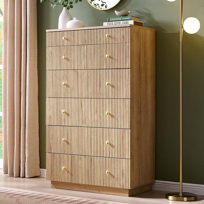 Fluted Dresser for Bedroom, 48" H 7 Drawer Dressers, Wood Tall Dresser Storage Organizer, Modern Bedroom Chest with Deep Storage for Closet Hallway, Entryway, Living Room Natural