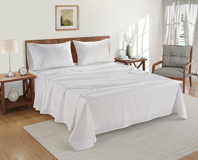 Lane Linen White Queen Sheet Set - 100% Cotton Striped Sheets for Queen Size Bed, Satin Soft Luxury Striped Sheets Queen Size, Deep Pocket Fitted Sheets - 4 PC Bedding Sheets & Pillowcases Set - White