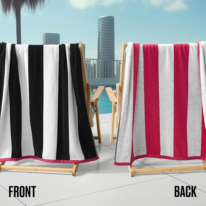Juicy Couture Black/Hot Hot Pink/White Pink Reversible Cabana 36" x 72" 100% Cotton Oversized Beach Towel - Soft, Absorbent, and Quick-Drying, Perfect for Beach, Pool, or Travel