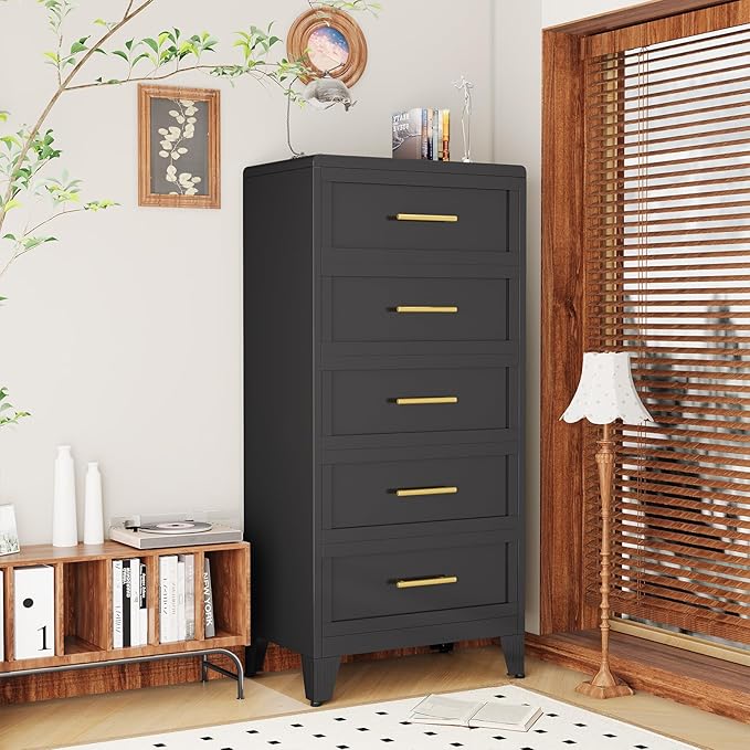 Metal Tall Dresser for Bedroom, Black Dressers & Chest of Drawers, 5 Drawer Dresser with Curved Corner, Bedroom Dressers with Drawers, Storage Cabinet for Hallway, Entryway (Black, 24" W)