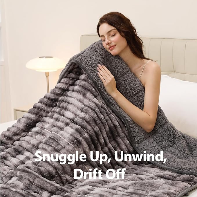 Sherpa Fleece Weighted Blanket with 3D Ribbed Stripes, 15 lbs Soft Flannel Heavy Throw Blanket for Couch Bed Sofa, Heavy Thick Blankets with Ceramic Beads, Great for Sleep, 48" x 72"