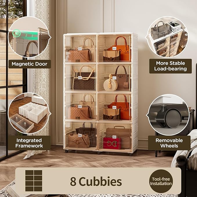 8 Cubbies Handbag Storage Organizer for Closet, Foldable Purse Display Cabinet with Magnetic Doors and Wheels, Fits Shoes&Boots, Books, Toys, and More