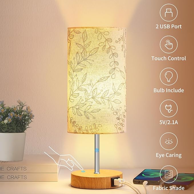 Bedside Touch Lamp, Wood Small Table lamp for Bedroom with 2 USB Charging Ports & Flower Fabric Shade, 3-Way Dimmable Nightstand Lamps for Living Room Office Reading Desk Home Dorm(LED Bulb Included)