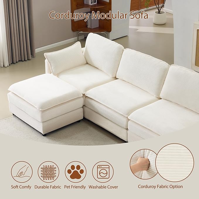 Plush Cloud 3-Seater Sofa with 2 Footstools and Beige Chenille Cushions, Modular 4-Seater Sofa for Small Space Apartment Living Room Bedroom