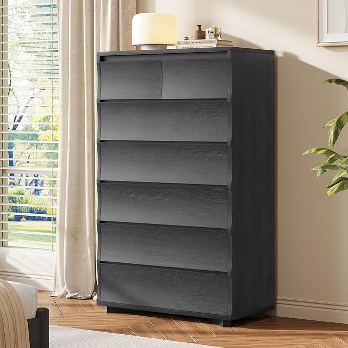 Black Tall Dresser for Bedroom, 52.8" Tall Dresser with 7 Drawers, Wood Dressers & Chests of Drawers, Accent Upright Drawer Organizers for Closet, Hallway