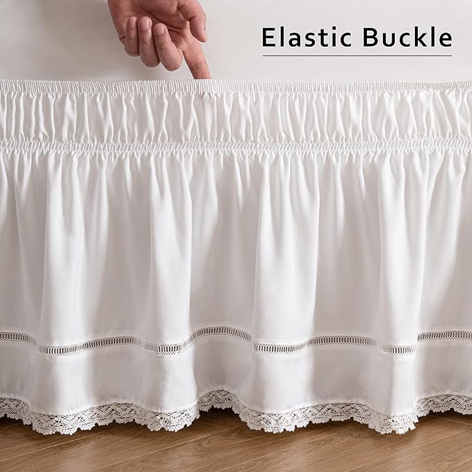 MIYE Wrap Around Ruffled Lace Bed Skirt, Elastic Dust Ruffle with Adjustable Belts,15 Inch Drop Easy to Put On, Bed Frame Cover, Machine Washable (Floral Lace, Full/Twin-15)