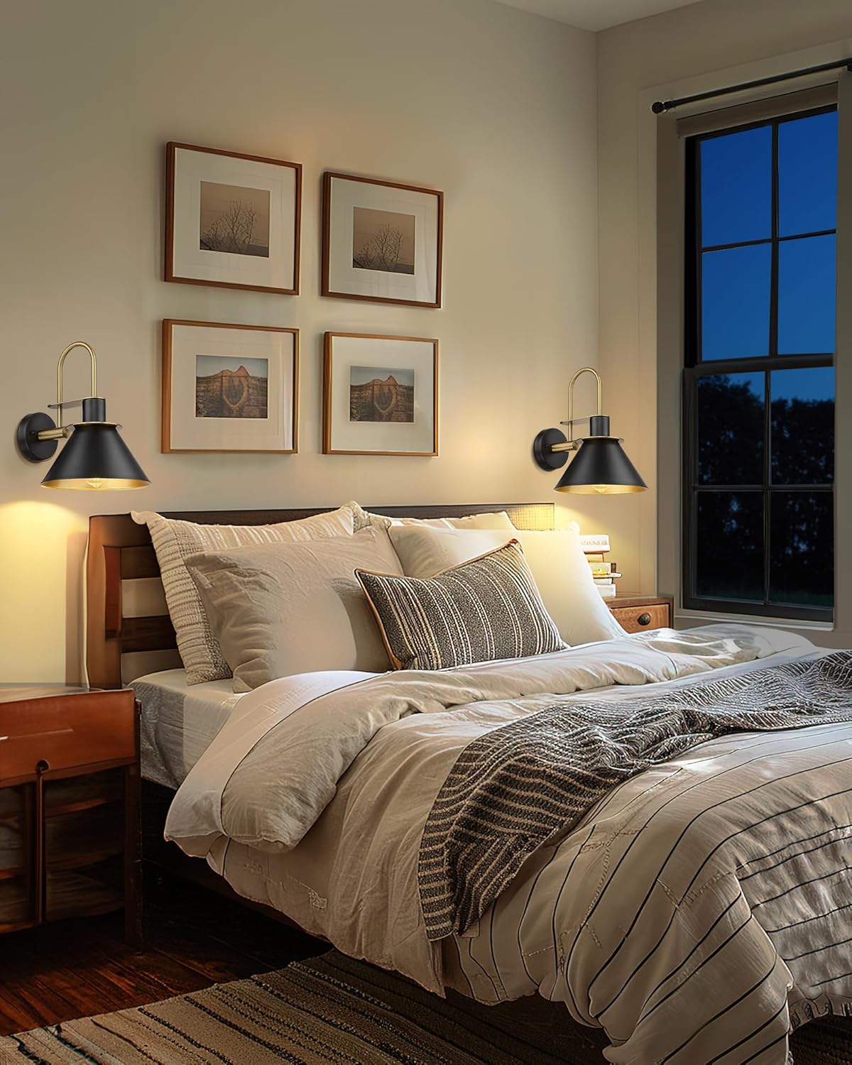 Wall Sconces Set of Two, HWH Modern Sconce Wall Lighting, 1-Light Gooseneck Barn Vanity Light, Industrial Wall Lamp for Bedroom Kitchen Bathroom, Black and Gold Finish, 5HZG56B-2L BK+BG