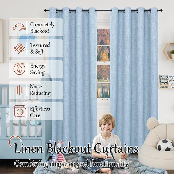 Baby Blue Linen Blackout Curtains for Nursery 84 Inch Length 2 Panels Set, Thermal Insulated Boho Total Black Out Noise Reducing Bonzer Grommets Window Curtains for Kids Bedroom, Each 60 Inch Wide