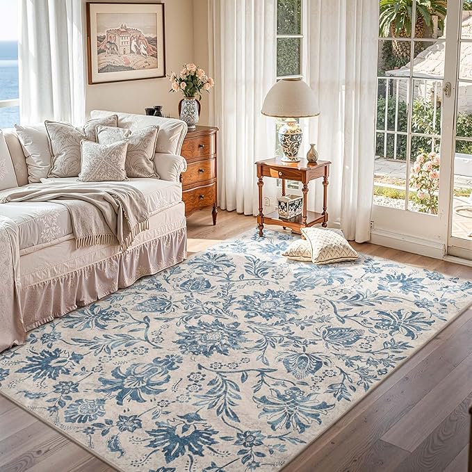 jinchan Torino Floral 5x7 Area Rugs, Vintage-Inspired Design Accent Rug, Machine Washable Ultra-Thin Low-Pile Non-Slip Traditional Carpet for Living Room Bedroom Dining Room Home Office, Turquoise