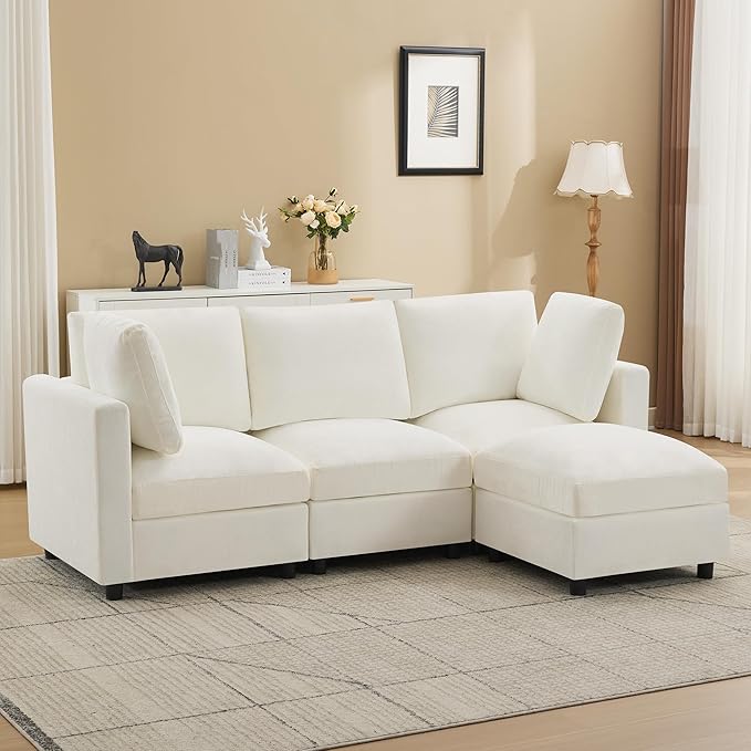 89'' 3-Seater Modular Sectional Cloud Sofa with Ottoman, L-Shaped Couch for Living Room, Modern Convertible Deep Seats Sofa, Chenille Beige