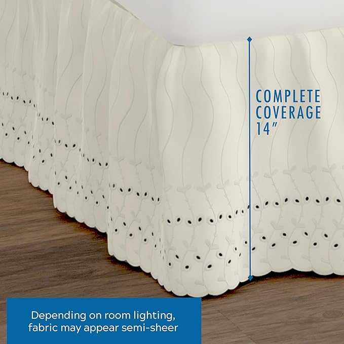 Fresh Ideas Eyelet Bed Skirt, Ruffled Design, 14 Inch Drop, Embroidered Scalloped Edge, Queen, Ivory
