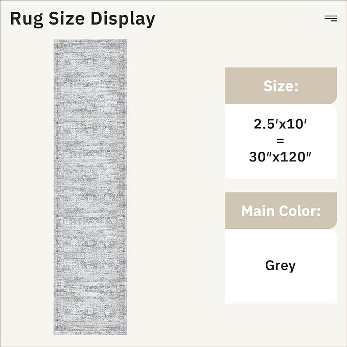 Runner Rug 2'6" x 10' Washable Non-Slip Runner Rugs for Kitchen Bathroom Laundry Room Vintage Ultra Thin Runners for Hallway Entryway Grey