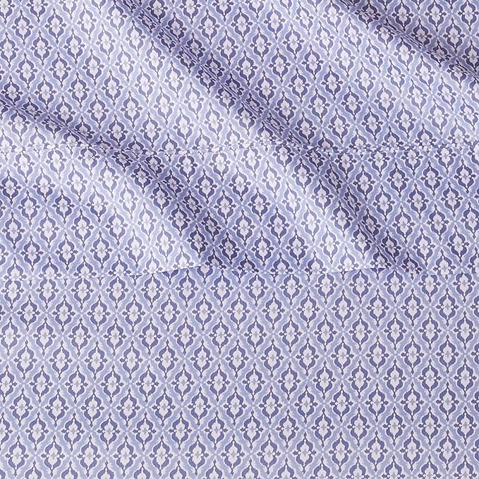 Amazon Basics Lightweight Super Soft Easy Care Wrinkle Free Microfiber 3 Piece Bed Sheet Set with 14-Inch Deep Pockets, Twin, Blue Damask, Printed, Kids, Men & Women Bedding (Pack of 4)