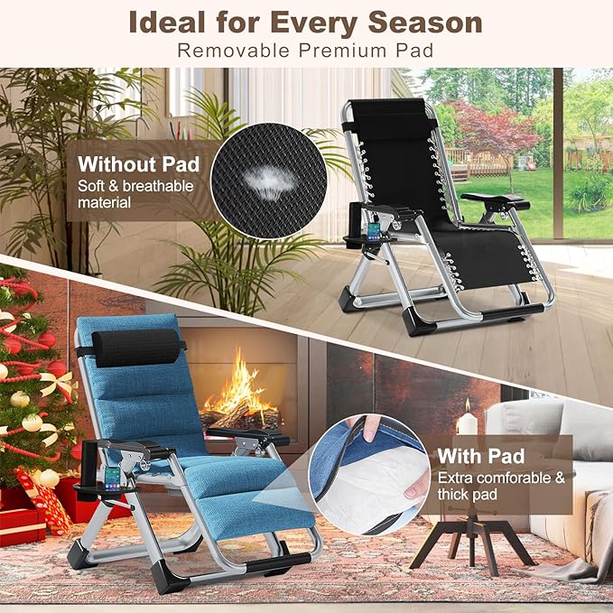 DoCred Comfy Chair, Folding Chair Recliner Chair for Bedroom and Living Room, Folding Reclining Patio Chairs Lounge Chair with Removable Cushion for Indoor Outdoor